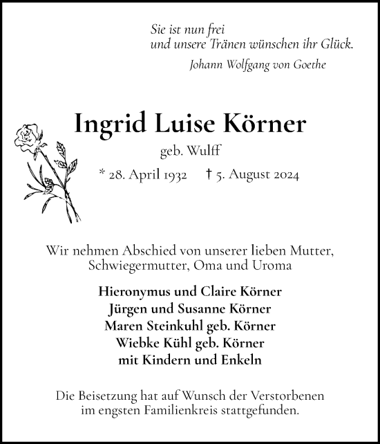 Traueranzeige von Ingrid Luise Körner von Wedel-Schulauer Tageblatt, tip Wedel-Schulauer Tageblatt, tip Rissener Rundschau