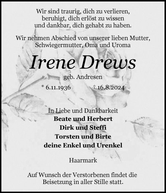 Traueranzeige von Irene Drews von Schleswiger Nachrichten, Schlei-Bote