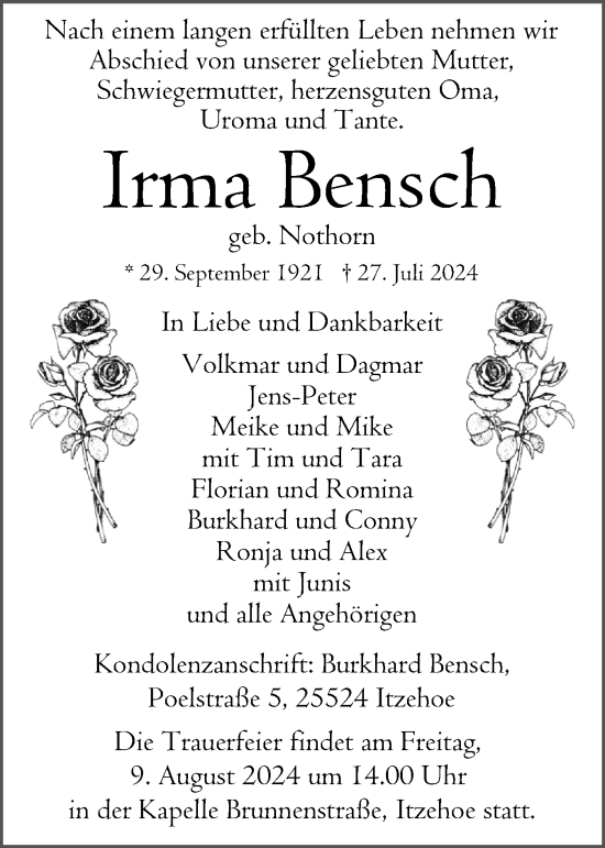 Traueranzeige von Irma Bensch von Norddeutsche Rundschau, Wilstersche Zeitung, Glückstädter Fortuna