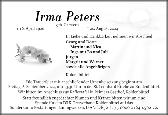 Traueranzeige von Irma Peters von Husumer Nachrichten, Nordfriesland Tageblatt