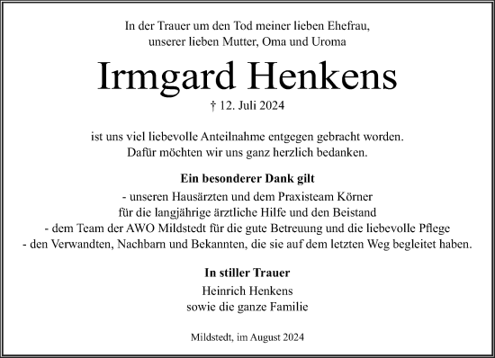Traueranzeige von Irmgard Henkens von Husumer Nachrichten, Nordfriesland Tageblatt