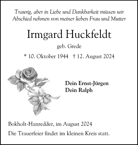 Traueranzeige von Irmgard Huckfeldt von Elmshorner Nachrichten, Barmstedter Zeitung