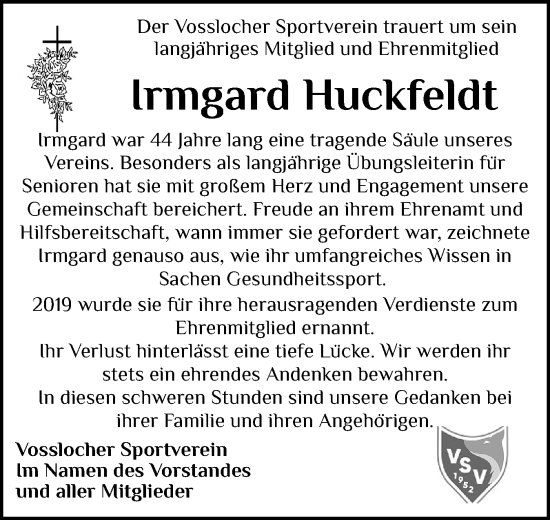 Traueranzeige von Irmgard Huckfeldt von Elmshorner Nachrichten, Barmstedter Zeitung