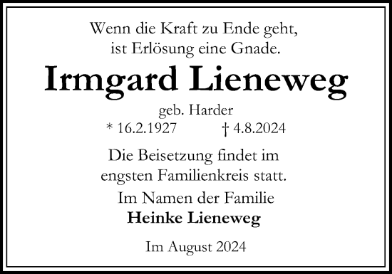 Traueranzeige von Irmgard Lieneweg von Schleswig-Holsteinische Landeszeitung