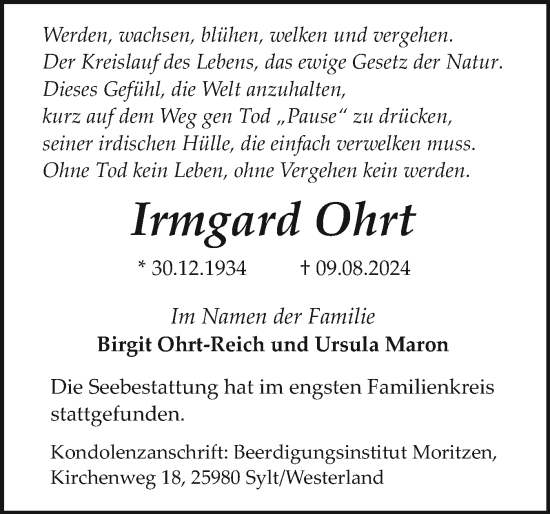 Traueranzeige von Irmgard Ohrt von Sylter Rundschau