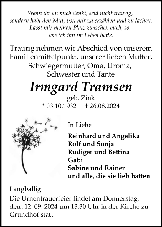Traueranzeige von Irmgard Tramsen von Flensburger Tageblatt
