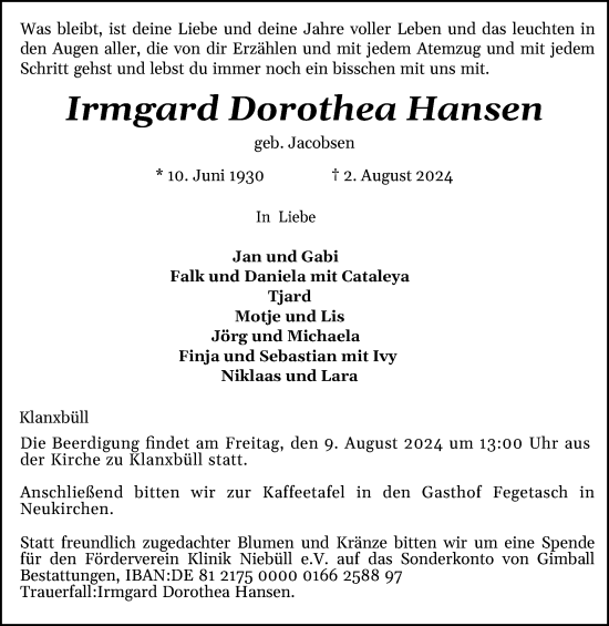Traueranzeige von Irmgard Dorothea Hansen von Region Westküste