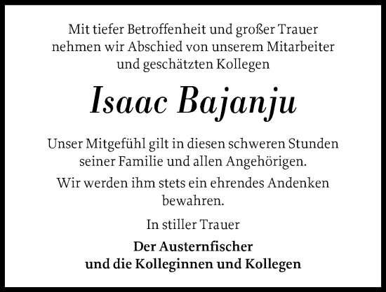 Traueranzeige von Isaac Bajanju von Husumer Nachrichten, Nordfriesland Tageblatt
