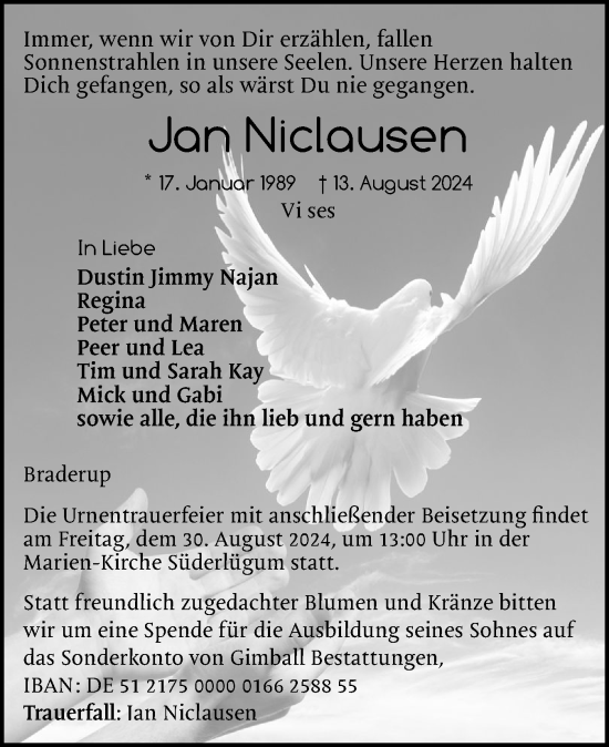 Traueranzeige von Jan Niclausen von Husumer Nachrichten, Nordfriesland Tageblatt