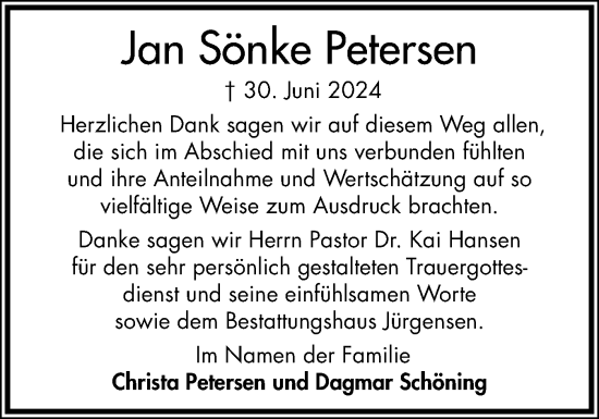 Traueranzeige von Jan Sönke Petersen von Schleswiger Nachrichten, Schlei-Bote