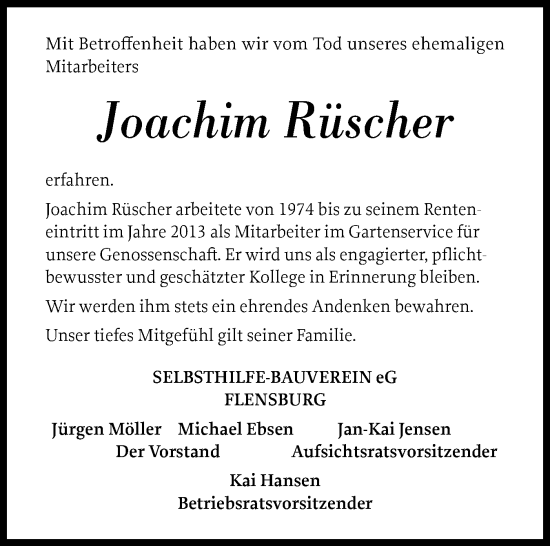 Traueranzeige von Joachim Rüscher von Flensburger Tageblatt