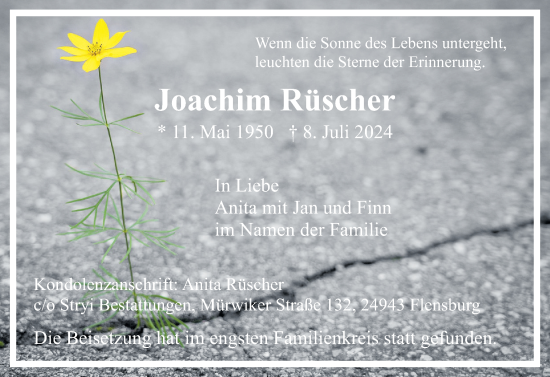 Traueranzeige von Joachim Rüscher von Flensburger Tageblatt