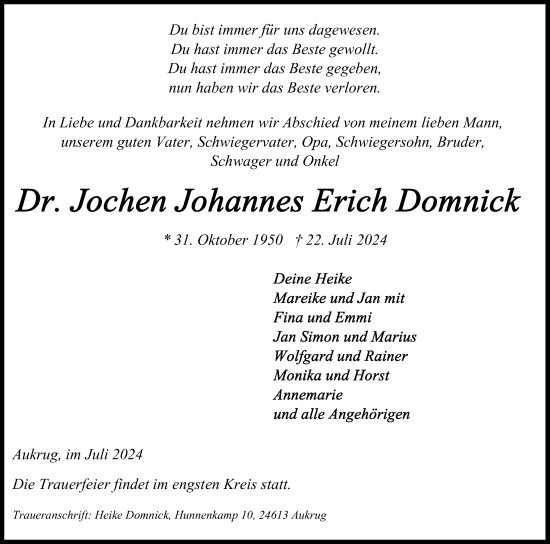 Traueranzeige von Jochen Johannes Erich Domnick von Schleswig-Holsteinische Landeszeitung