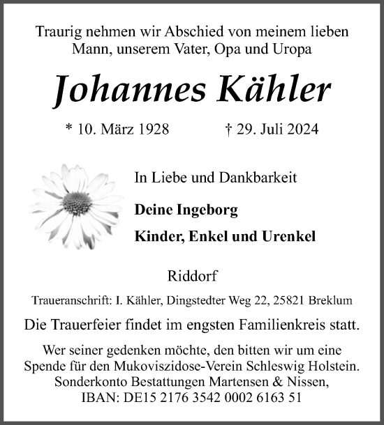 Traueranzeige von Johannes Kähler von Husumer Nachrichten, Nordfriesland Tageblatt