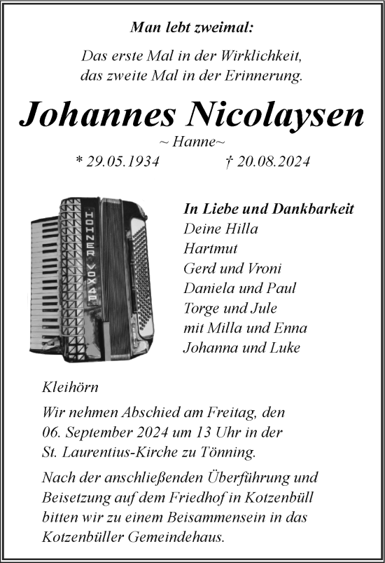 Traueranzeige von Johannes Nicolaysen von Husumer Nachrichten, Nordfriesland Tageblatt