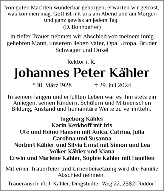 Traueranzeige von Johannes Peter Kähler von Husumer Nachrichten, Nordfriesland Tageblatt