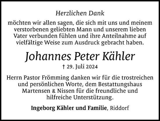 Traueranzeige von Johannes Peter Kähler von Husumer Nachrichten, Nordfriesland Tageblatt