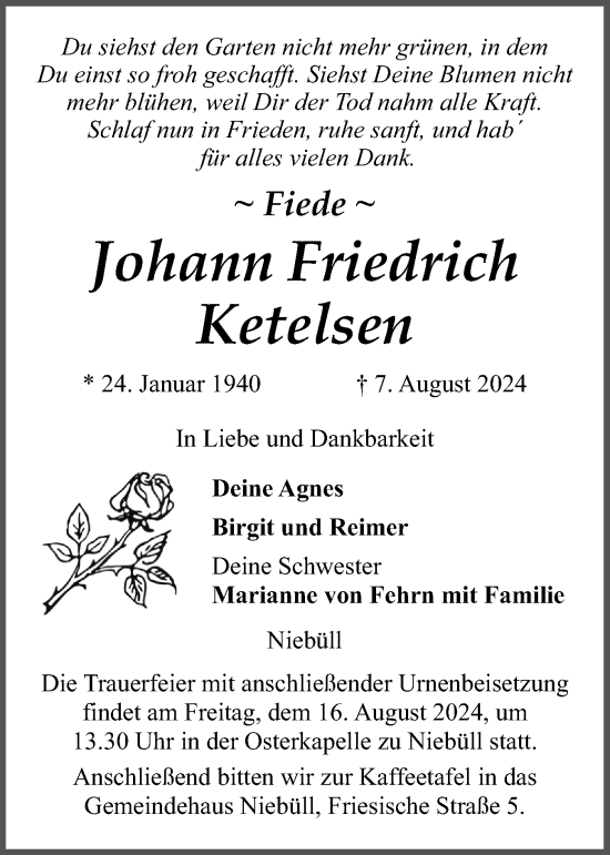 Traueranzeige von Johann Friedrich Ketelsen von Husumer Nachrichten, Nordfriesland Tageblatt