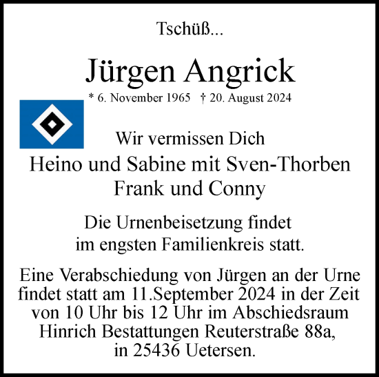 Traueranzeige von Jürgen Angrick von Uetersener Nachrichten, Der tip am Wochenende