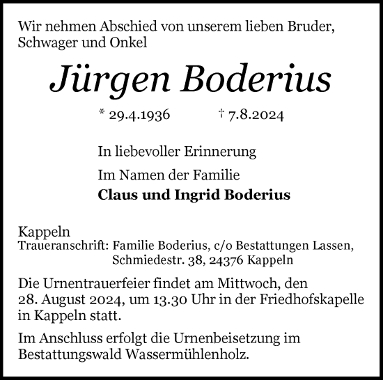 Traueranzeige von Jürgen Boderius von Flensburger Tageblatt, Schleswiger Nachrichten, Schlei-Bote