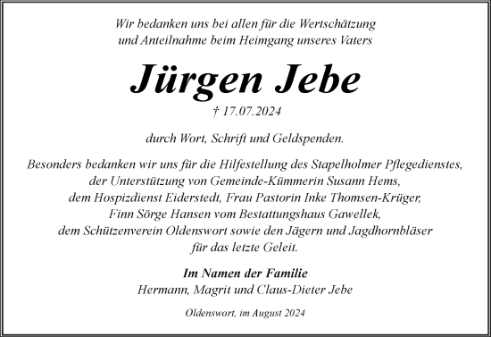 Traueranzeige von Jürgen Jebe von Husumer Nachrichten, Nordfriesland Tageblatt