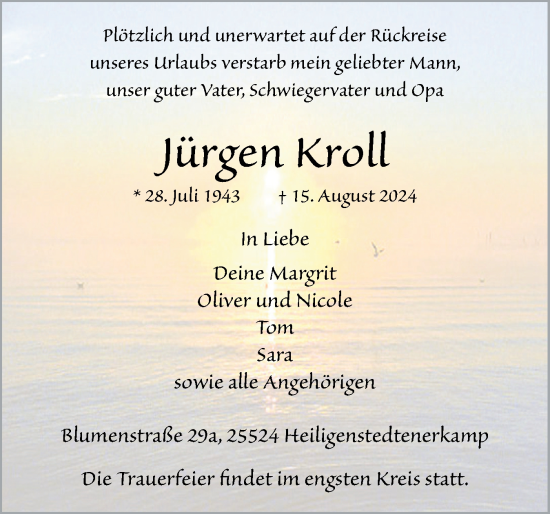 Traueranzeige von Jürgen Kroll von Norddeutsche Rundschau, Wilstersche Zeitung, Glückstädter Fortuna