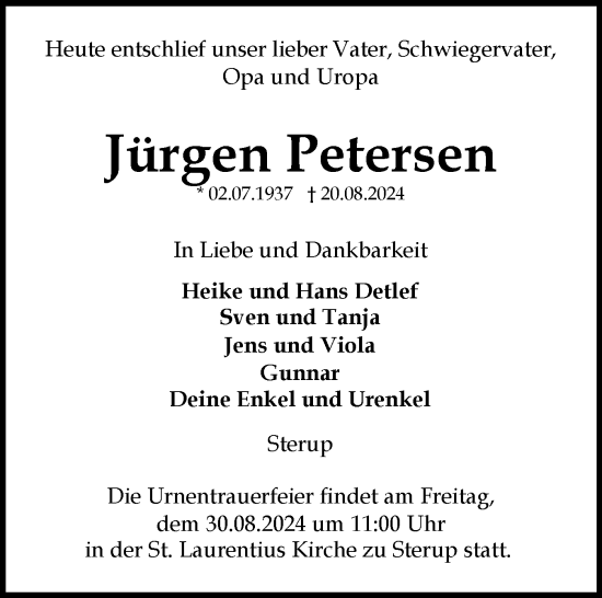 Traueranzeige von Jürgen Petersen von Flensburger Tageblatt