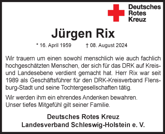 Traueranzeige von Jürgen Rix von Flensburger Tageblatt