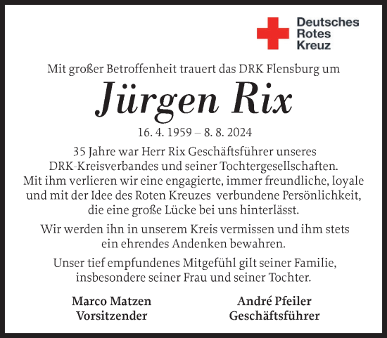 Traueranzeige von Jürgen Rix von Flensburger Tageblatt