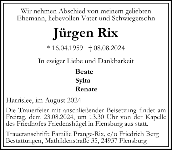 Traueranzeige von Jürgen Rix von Flensburger Tageblatt