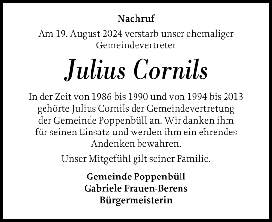 Traueranzeige von Julius Cornils von Husumer Nachrichten, Nordfriesland Tageblatt