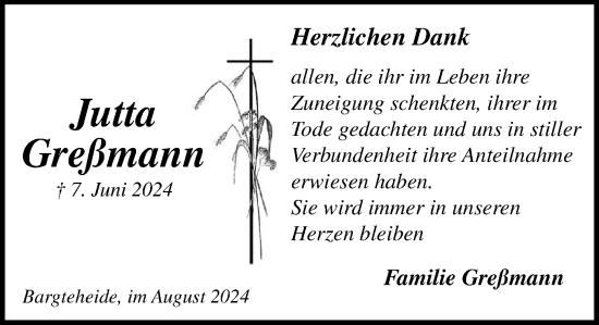 Traueranzeige von Jutta Greßmann von Stormaner Tageblatt