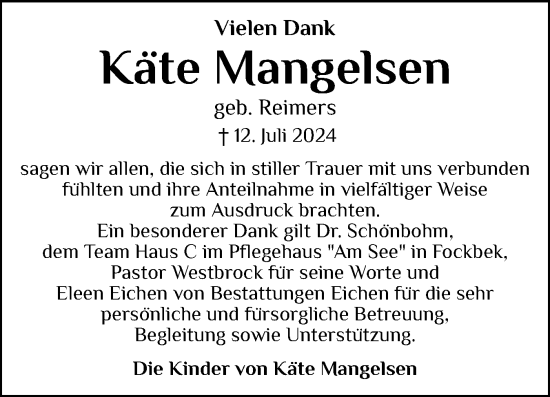Traueranzeige von Käte Mangelsen von Schleswig-Holsteinische Landeszeitung