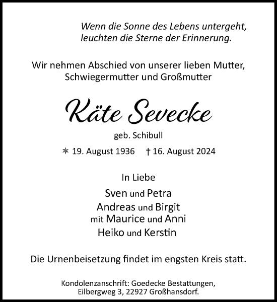 Traueranzeige von Käte Sevecke von Stormaner Tageblatt