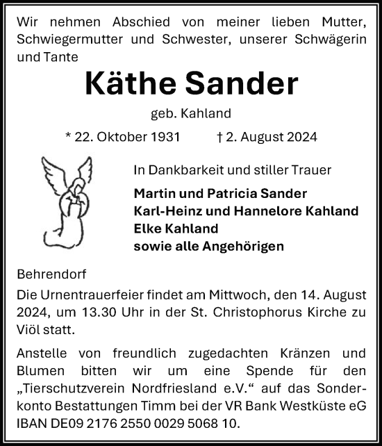Traueranzeige von Käthe Sander von Husumer Nachrichten, Nordfriesland Tageblatt