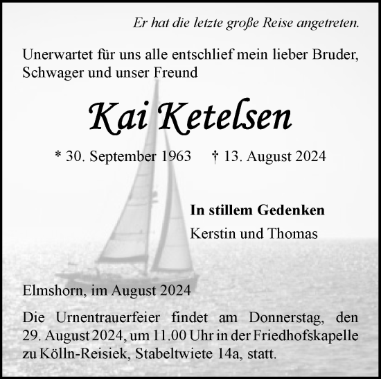 Traueranzeige von Kai Ketelsen von Elmshorner Nachrichten, Barmstedter Zeitung