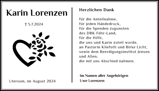 Traueranzeige von Karin Lorenzen von Der Insel-Bote