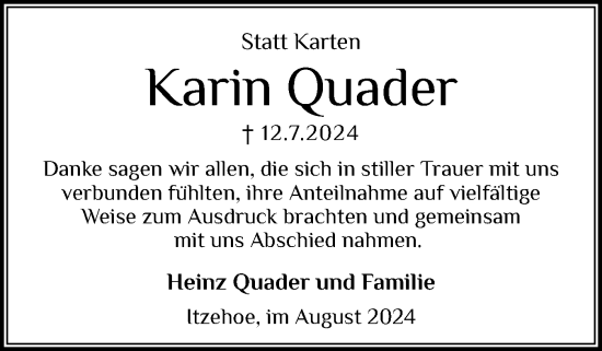 Traueranzeige von Karin Quader von Norddeutsche Rundschau, Wilstersche Zeitung, Glückstädter Fortuna
