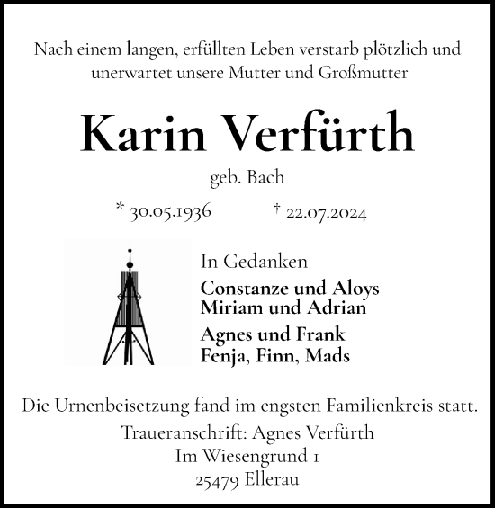 Traueranzeige von Karin Verfürth von Norddeutsche Rundschau, Wilstersche Zeitung, Glückstädter Fortuna