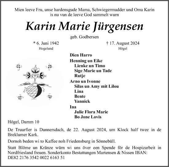 Traueranzeige von Karin Marie Jürgensen von Husumer Nachrichten, Nordfriesland Tageblatt