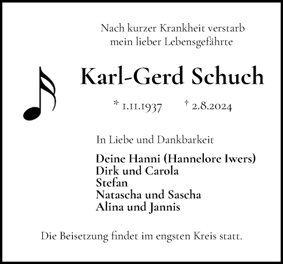 Traueranzeige von Karl-Gerd Schuch von Eckernförder Zeitung, Hallo Eckernförde