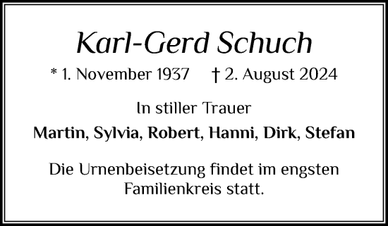 Traueranzeige von Karl-Gerd Schuch von Eckernförder Zeitung, Hallo Eckernförde