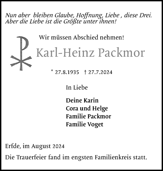 Traueranzeige von Karl-Heinz Packmor von Schleswig-Holsteinische Landeszeitung