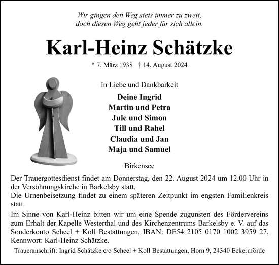 Traueranzeige von Karl-Heinz Schätzke von Eckernförder Zeitung