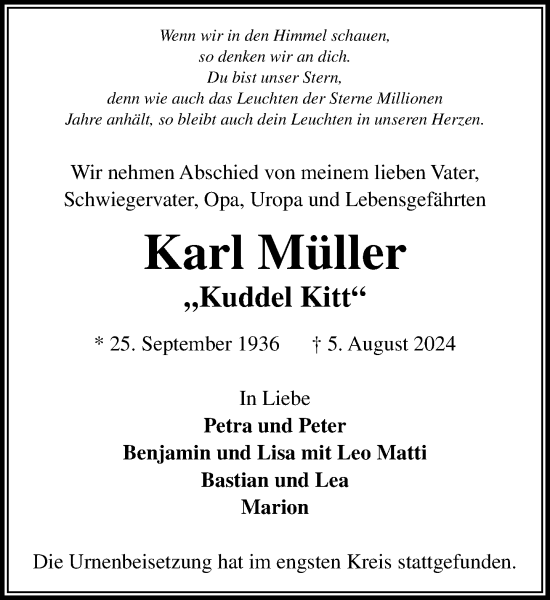 Traueranzeige von Karl Müller von Stormaner Tageblatt