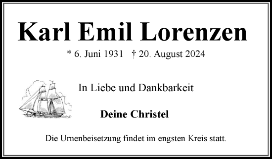 Traueranzeige von Karl Emil Lorenzen von Eckernförder Zeitung, Hallo Eckernförde