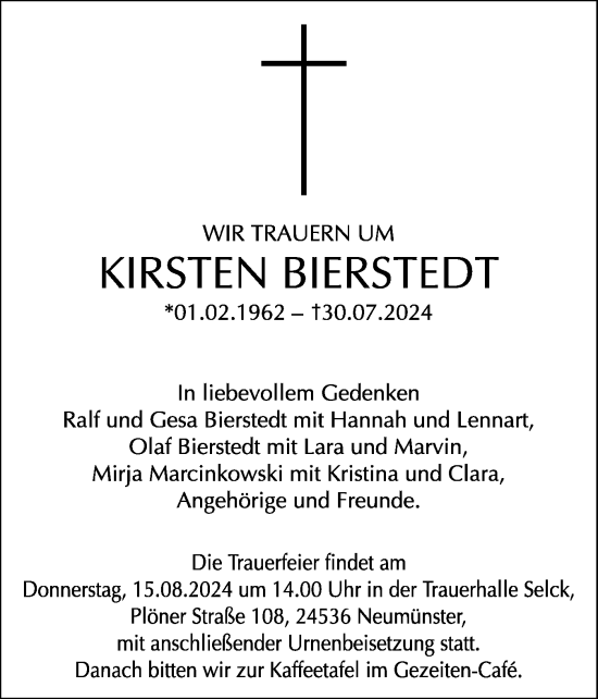 Traueranzeige von Kirsten Bierstedt von Holsteinischer Courier