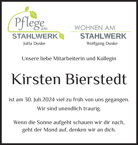 Traueranzeige von Kirsten Bierstedt von Holsteinischer Courier