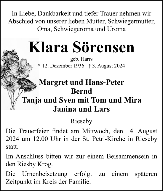 Traueranzeige von Klara Sörensen von Eckernförder Zeitung, Hallo Eckernförde