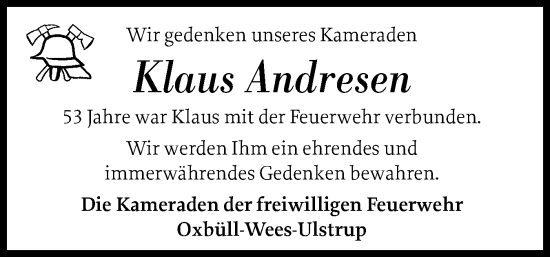 Traueranzeige von Klaus Andresen von Flensburger Tageblatt